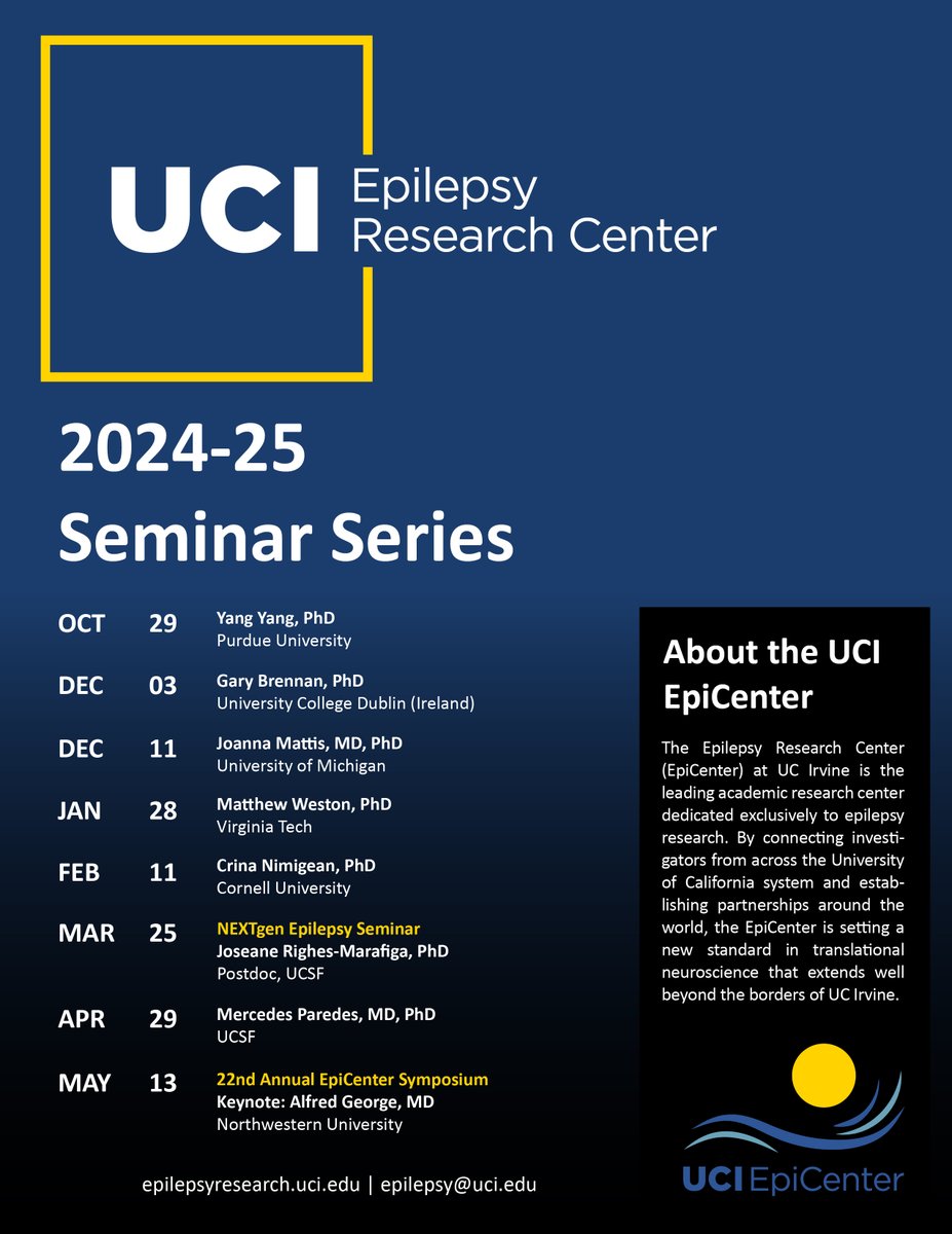 Announcing our 2024-25 seminar series! 

What a fantastic lineup of speakers. We will have a little something for everyone this year ... neurons, glia, epigenetics, ion channels, synapses, circuits, brain development, acquired epilepsy &amp; more 🧠🔬☀️