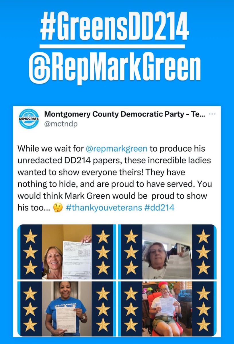 quitbraggin's tweet photo. @RepMarkGreen #GreensDD214 https://t.co/06cF5Ujo3Z