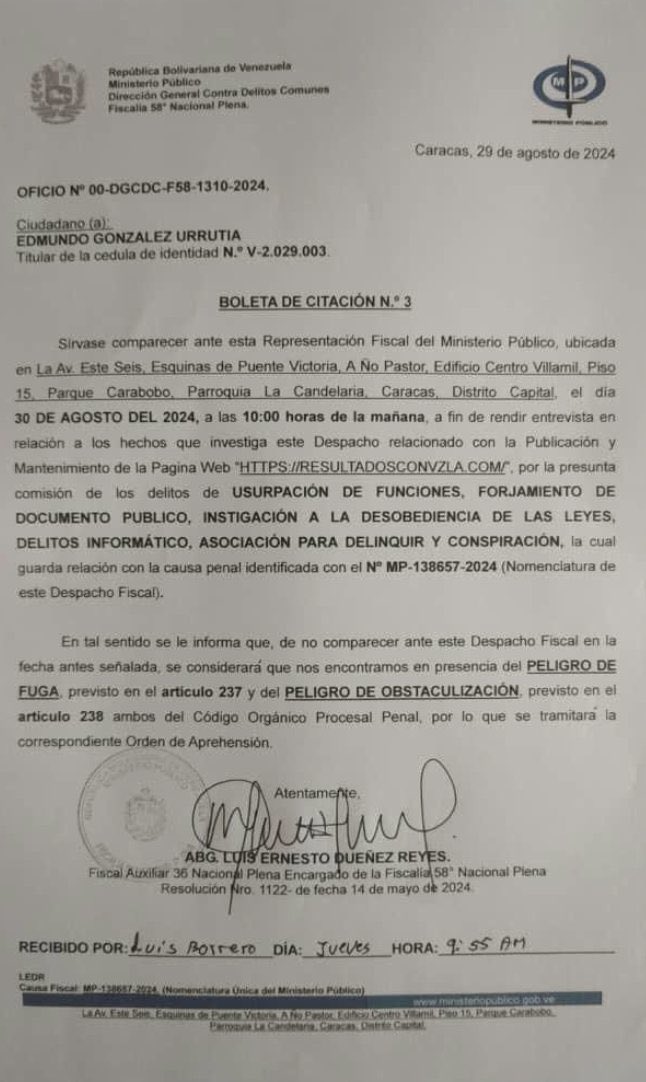 Hola <a href="/EdmundoGU/">Edmundo González</a> por aquí te dejamos la tercera citación de la fiscalía que ya recibió tu equipo. Dile a tus abogados que te asesoren bien cuáles serían las consecuencias si no asistes. Saludos 🤗#29agosto 🇻🇪