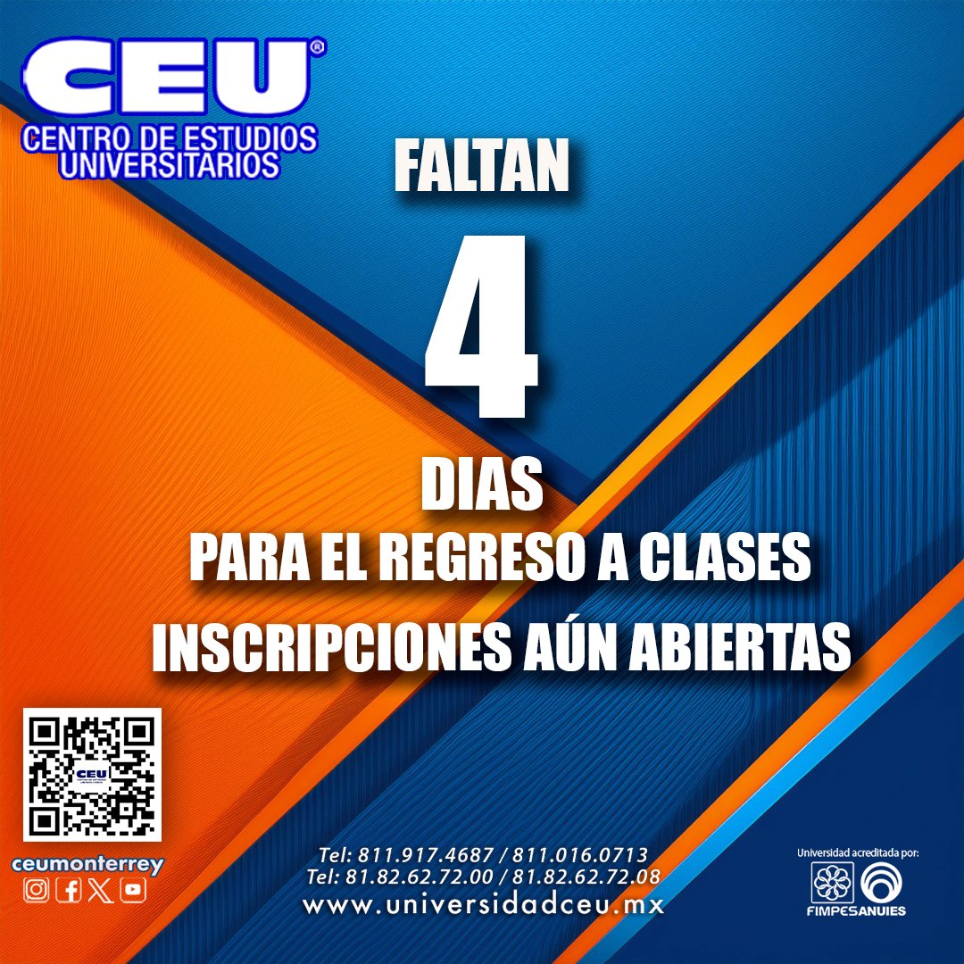 Faltan solo 4 cual para el regreso a clases
No lo pienses más y llega al éxito estudiando en el CEU

Inicio de clases 2 de septiembre