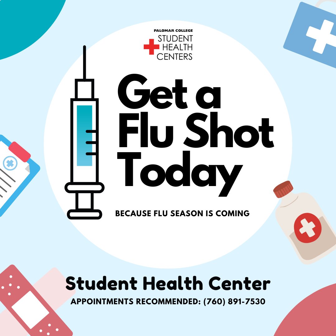 pchealthcenters's tweet photo. Flu season is right around the corner and the Student Health Center has FREE flu shots for students!!! Appointments are recommended but walk-ins are welcome. Please call (760) 891-7530 or stop by the HC Building at the San Marcos campus for an appointment.
https://t.co/64mHeUw95n https://t.co/15UOFomGof