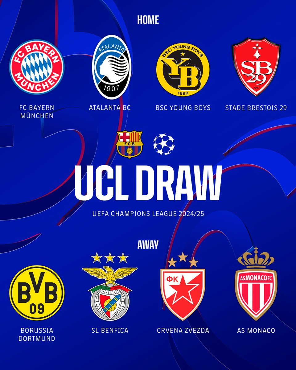 FCBarcelona_cat's tweet photo. ⭐ Els nostres rivals per a la Champions 2024/25! ⭐ https://t.co/OnbNL5ccaw