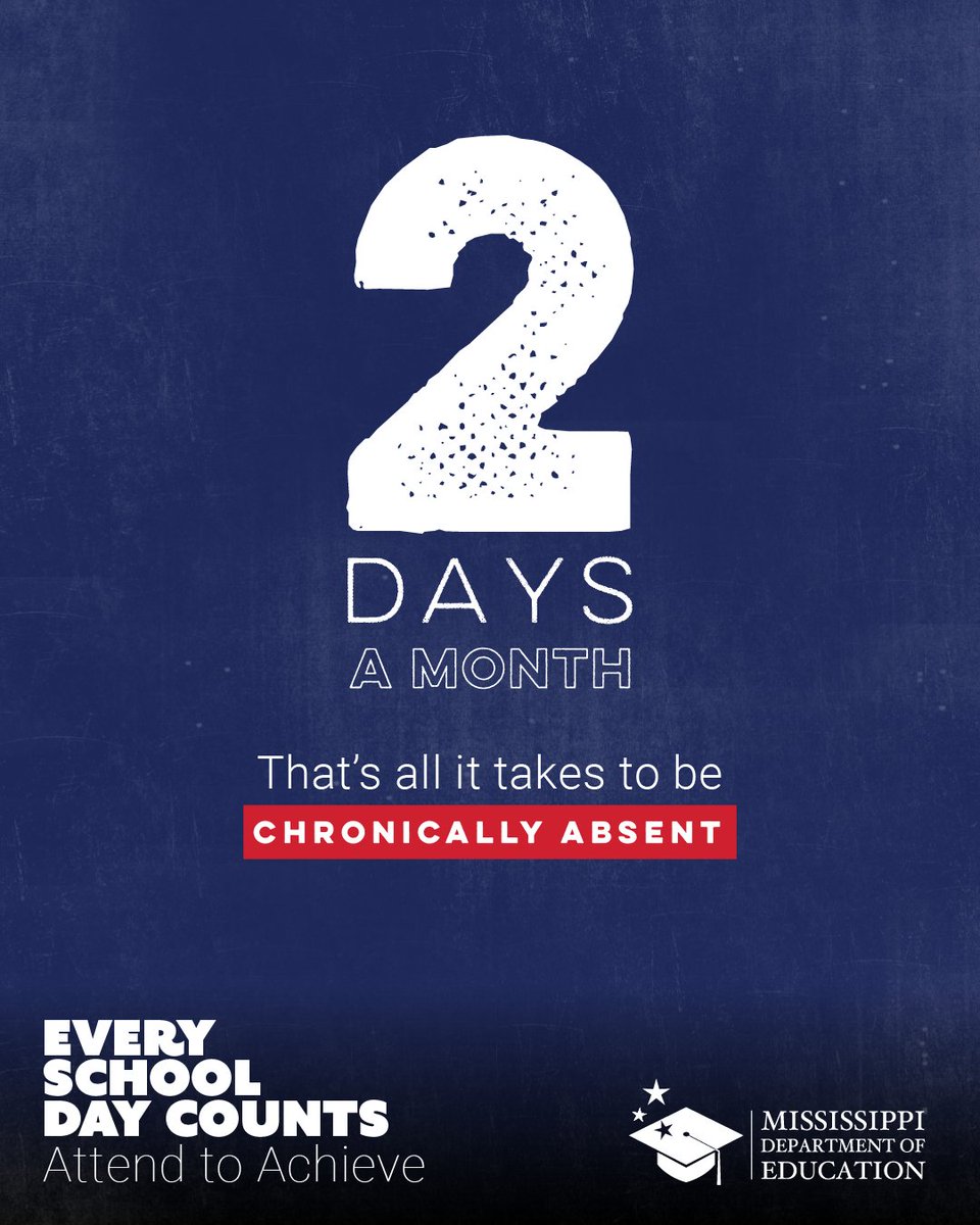 A student who misses 10% or more of their school days, which averages to two days a month, is considered chronically absent. Every absence (including suspensions) is a learning opportunity lost. Make school attendance a priority. Learn more at mdek12.org/attend.  #MsEdu