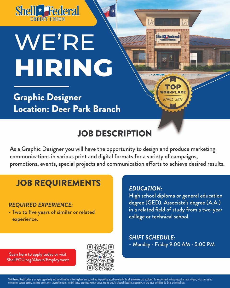We're hiring a Graphic Designer to join our Marketing team! ⭐️

Ready to take the next step in your career? Click the link below to discover this opportunity and explore all our current job openings!
📲: shellfcu.org/About/Employme…

#ShellFCU #BuildingDreams #Hiring