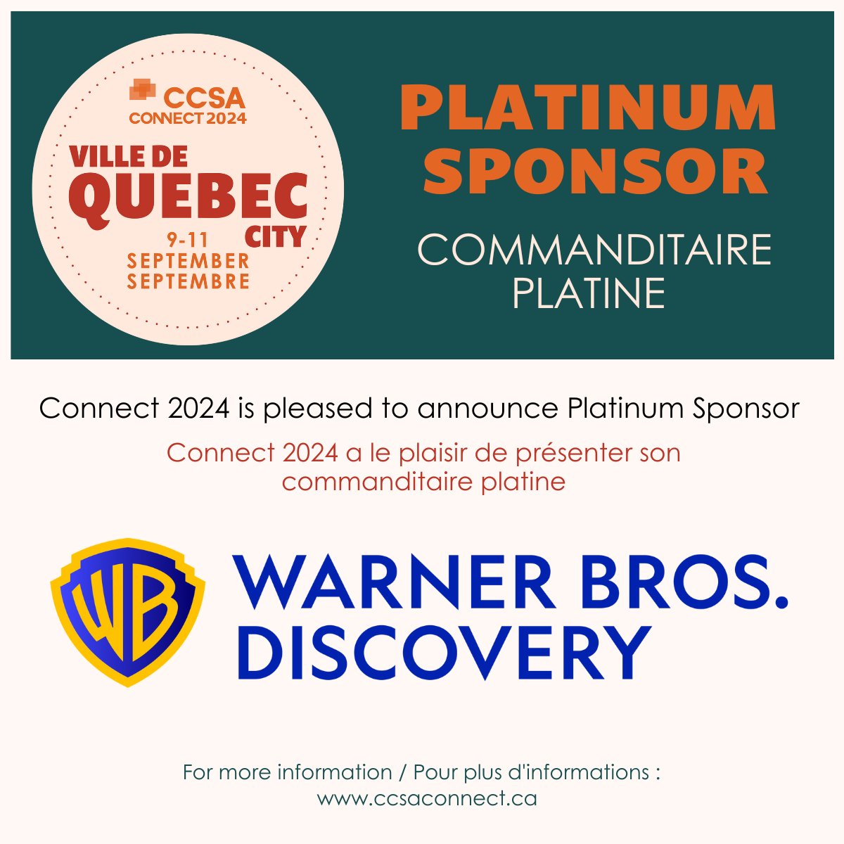 Canadian Communication Systems Alliance (@ccsaonline) on Twitter photo #SponsorSpotlight - Thrilled to announce <a href="/wbd/">Warner Bros. Discovery</a> as a #PlatinumSponsor for #CCSACONNECT2024 in Quebec City, Sept 9-11! / #CommanditairesD’Honneur - Ravis d’annoncer que Warner Bros. Discovery est un #commanditaireplatine de CCSA CONNECT 2024 à Québec, du 9 au 11 septembre! #SponsorSpotlight - Thrilled to announce <a href="/wbd/">Warner Bros. Discovery</a> as a #PlatinumSponsor for #CCSACONNECT2024 in Quebec City, Sept 9-11! / #CommanditairesD’Honneur - Ravis d’annoncer que Warner Bros. Discovery est un #commanditaireplatine de CCSA CONNECT 2024 à Québec, du 9 au 11 septembre!