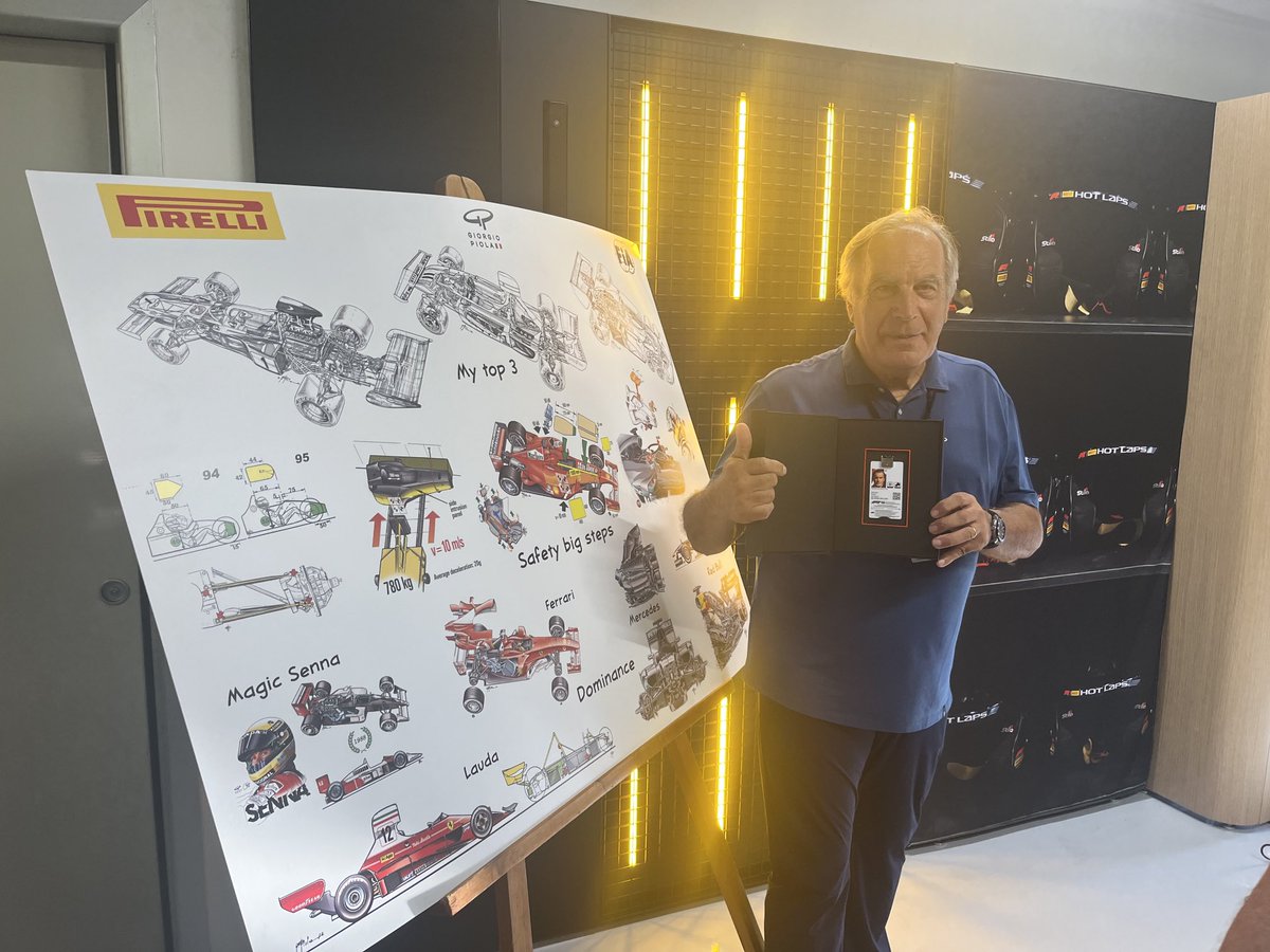 The brilliant, unique, unsurpassed technical artist journalist Giorgio Piola is celebrating his 900th Grand Prix (although he says it may actually be three or four more). First race Monaco 1969, aged 19. And he’s been presented with a special pass by the FIA. Legend