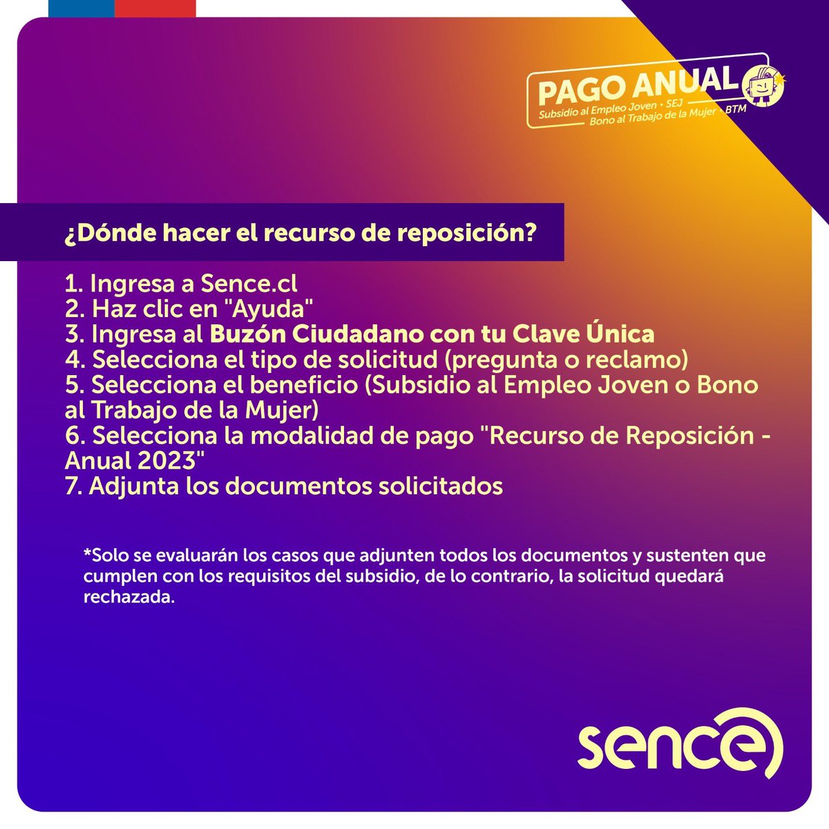 ✨ ¡ES HOY! ✨

💵 Ya está listo tu pago anual 2023 por el Subsidio al Empleo Joven (SEJ) y el Bono al Trabajo de la Mujer (BTM). ❓ ¿Tienes dudas sobre el monto recibido? ¡Desliza para más información!

📅 Hasta el 5 de septiembre, podrás gestionar un recurso de reposición.