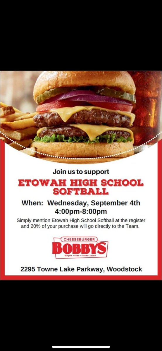 Mark your calendars!! The Etowah Softball program has dinner planned for you next Wednesday! Just mention our program when you order and help support our 2024 Lady Eagles!! 💙💛 <a href="/EtowahHS/">Etowah High School</a> <a href="/ETBoothMS/">ETBoothMS</a>