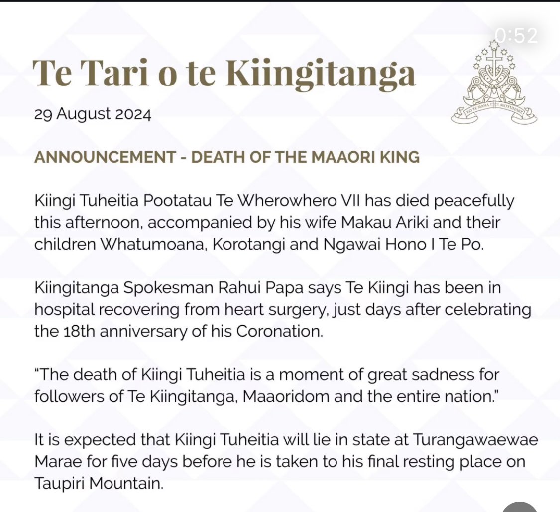 Māori King Tuheitia Pootatau Te Wherowhero has died, the Kiingitanga has announced.