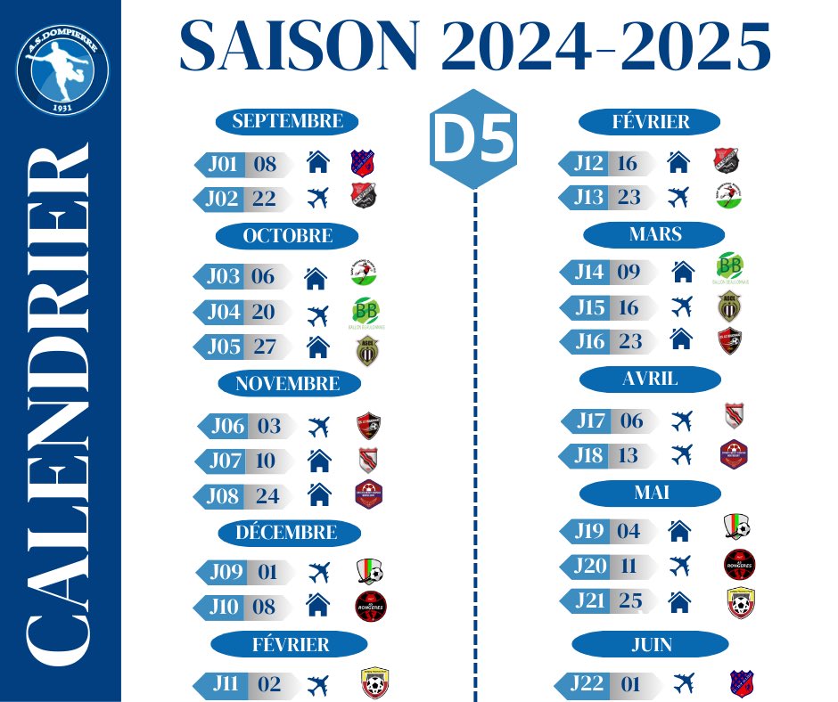 🔵⚪️ Calendriers de Championnat Saison 24/25 ! ⚪️🔵

Nous vous dévoilons les calendriers pour nos équipes engagées en R3, D3 et D5📈🔥

Pour ne rien manquer et rester informés sur tous les matchs, suivez-nous sur nos réseaux sociaux ! 👀💬

#Saison2425 #CalendrierChampionnat