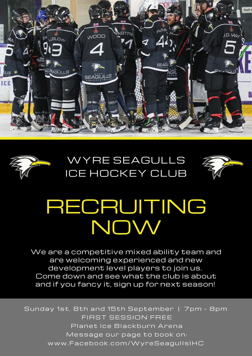 We are recruiting experienced &amp; development level players in preparation for the new season. Drop us a message to book on to one of our training sessions on the 1st, 8th or 15th September at 7pm.
 
📍 Planet Ice Blackburn
💷 First session free
🏒 Full kit required in neck guard