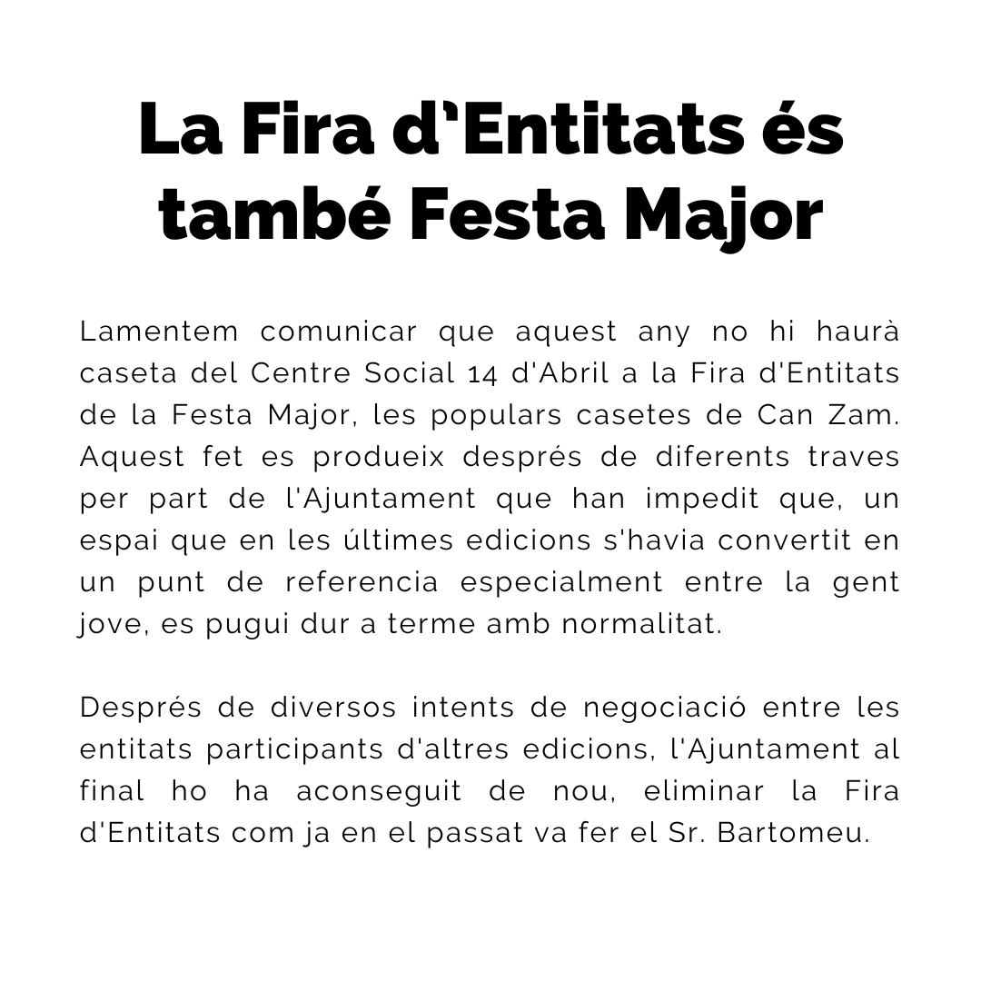 CS14Abril's tweet photo. 📝 Lamentem comunicar que aquest any no hi haurà caseta del Centre Social 14 d'Abril a la Fira d'Entitats de la Festa Major. El motiu, els intents per part de l'Ajuntament per eliminar un punt de trobada alternatiu.

Pots llegir el comunicat sencer a continuació 👇 https://t.co/V4iOrvWChq