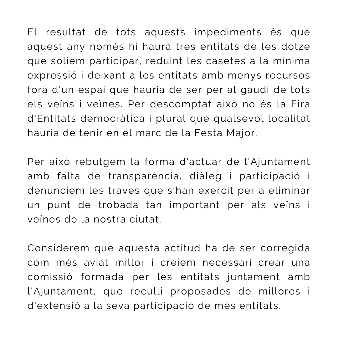 CS14Abril's tweet photo. 📝 Lamentem comunicar que aquest any no hi haurà caseta del Centre Social 14 d'Abril a la Fira d'Entitats de la Festa Major. El motiu, els intents per part de l'Ajuntament per eliminar un punt de trobada alternatiu.

Pots llegir el comunicat sencer a continuació 👇 https://t.co/V4iOrvWChq