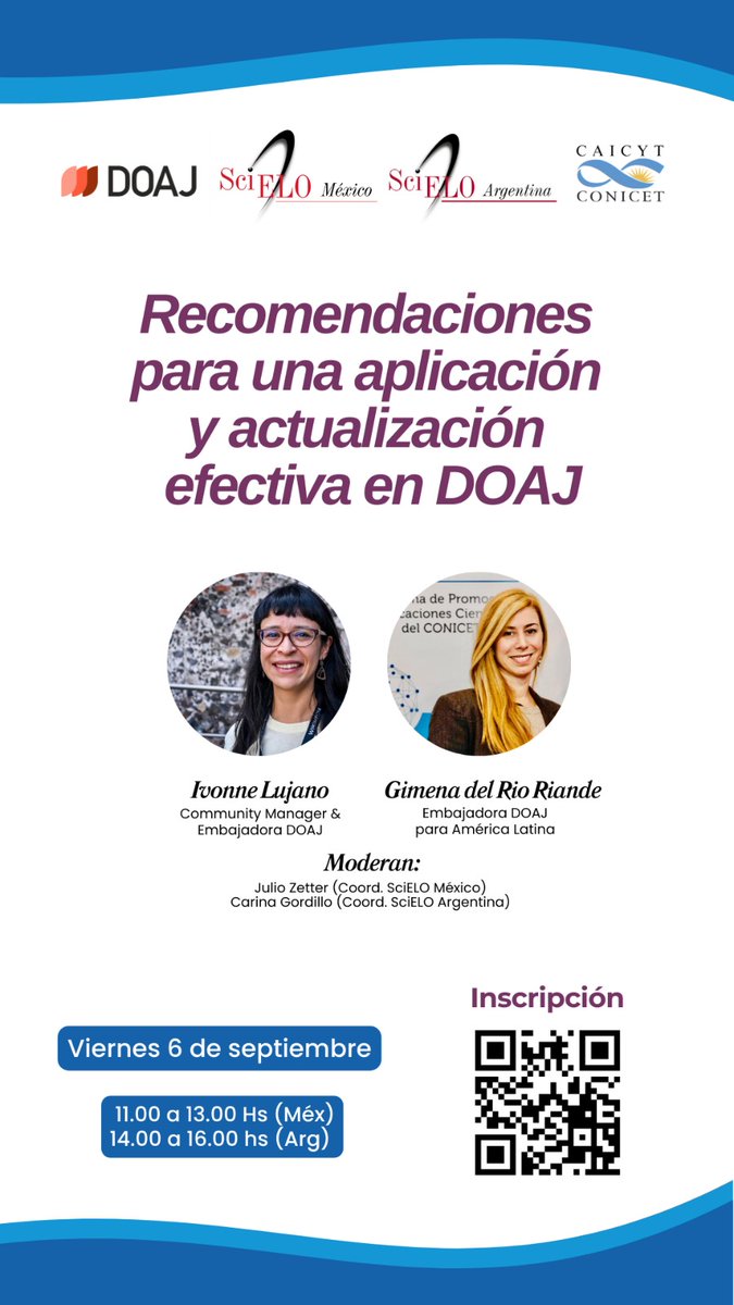 Webinar DOAJ - SciELO MX y SciELO AR para proporcionar orientación sobre la postulación a DOAJ a las revistas incluidas en las colecciones de SciELO México y SciELO Argentina
Inscripción: forms.gle/QZKrkLyoHo3FEe…
📅6 de sept.
<a href="/DOAJplus/">DOAJ</a> <a href="/scielomexico/">SciELO México</a> <a href="/ivonnelujano/">Ivonne Lujano</a> <a href="/gimenadelr/">Gimena del Rio Riande</a>