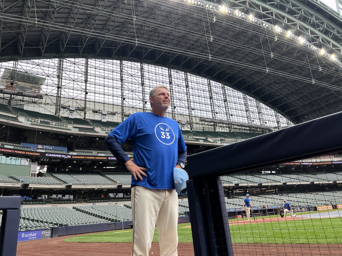 AdamMcCalvy's tweet photo. Brewers coaches showing support for Double-A Biloxi manager Joe Ayrault, who is in the midst of an extended absence for medical treatment. This is Joe’s 15th year in the system and he’s helped develop everyone from Orlando Arcia (2014 Brevard) to Jackson Chourio (2022 Wisconsin). https://t.co/7ML0Ew8n8W