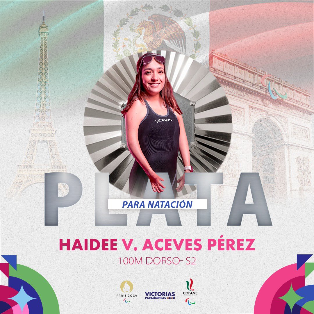 🥈¡México consigue su primera medalla!🇲🇽

✨La jalisciense, Haidee Viviana Aceves Pérez, se cuelga la medalla de plata en la disciplina de Para natación, en los 100m Dorso- S2, con un tiempo de 2:21.79.🏊🏻‍♀️

👏🏻Hoy todo tu país se enorgullece de tu entrega y disciplina.🇲🇽
