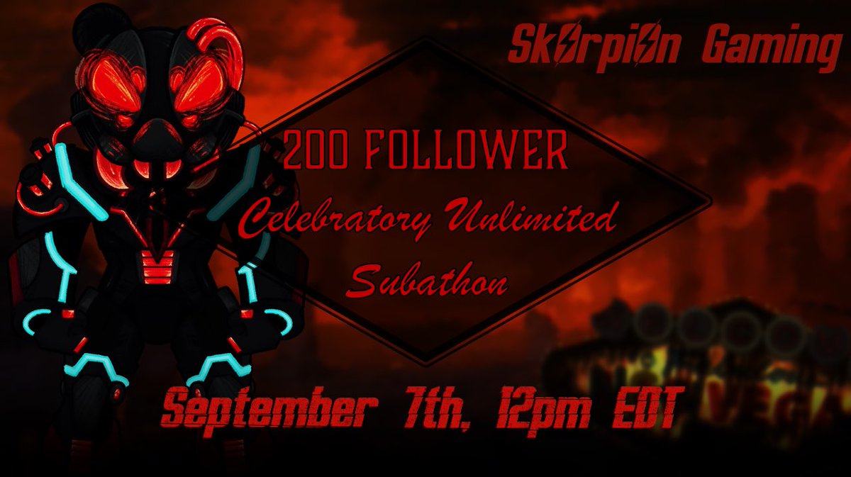 ⚠️ATTENTION WASTELAND WANDERERS!!!⚠️I am having my celebratory Unlimited Subathon on Saturday 7th, @ 12pm EST!!! Make sure to tune in for the chaos that will most likely ensue!!

Art by: <a href="/AtorraStarchild/">Atorra Starchild 🛸✨ | EN Vtuber</a>