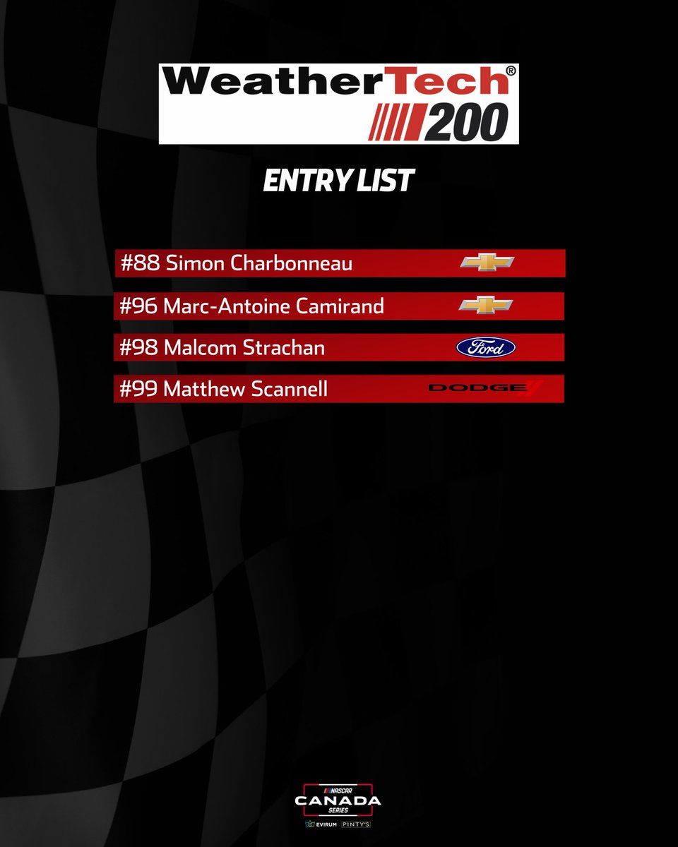🚨 ENTRY LIST 🚨

The stage is set for the WeatherTech 200 at Canadian Tire Motorsport Park this weekend!

28 of NASCAR Canada’s finest are ready to battle it out on the final road course of the season.

Check out the full entry list ⬇️

#NASCARCanada