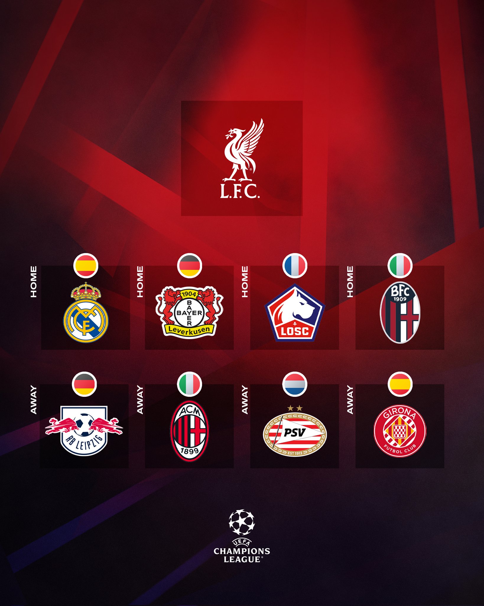 HF World on X Liverpool s 2024 25 UEFA Champions League group fixtures Real Madrid Leipzig Leverkusen Milan Lille PSV Bologna Girona UCLdraw https t 7kAb46beLF X