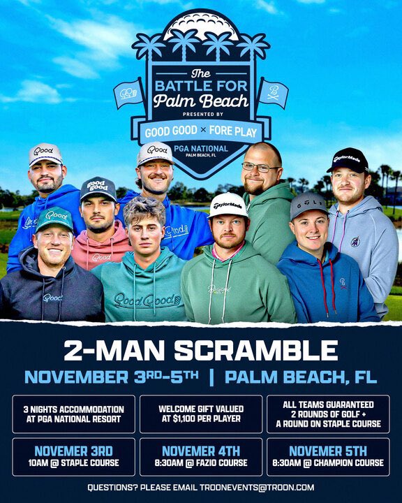 🚨 Introducing 🚨
Good Good x Barstool Golf

The Battle for Palm Beach.
Nov. 3-5. 
YOU &amp; a teammate can sign up to play.
Right now.
Right here.

on.lenos.com/troon/Battlefo…