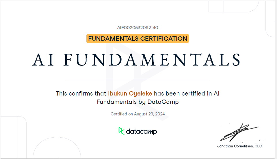 oyelekeibukun1's tweet photo. Day 16: 30-Day SQL challenge
Against all odds, I got certified today!😌
Thank you @Toby_Davids for your help
Thank you @Rita_tyna @DataFestAfrica for your constant support. @iam_Uchenna Thank you for the SQL classes.
Baby steps!
#DCA30DaysofSQL
#SQL #AI https://t.co/vU9eX8N0AT