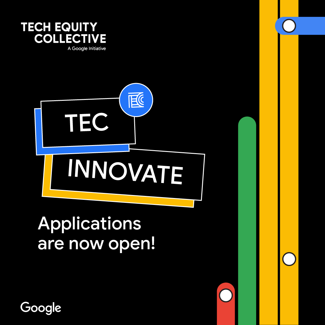 Google's tweet image. Tech Equity Collective (TEC) Innovate is a hybrid-experience that equips aspiring technologists with the skills, connections and confidence to launch fulfilling tech careers. Learn more and apply by Friday, September 20 →  goo.gle/3yWZ4XK