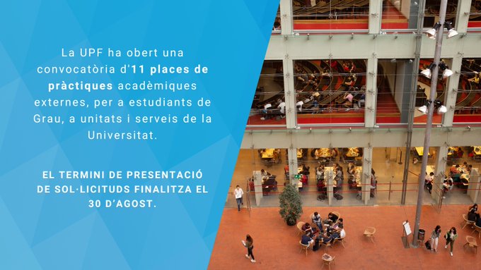 📢Demà finalitza el termini per inscriure's a la convocatòria d'onze places per fer pràctiques a unitats i serveis de la UPF.    

Troba tota la informació sobre la convocatòria a i.mtr.cool/zpxmszjrsn 
@carreresUPF