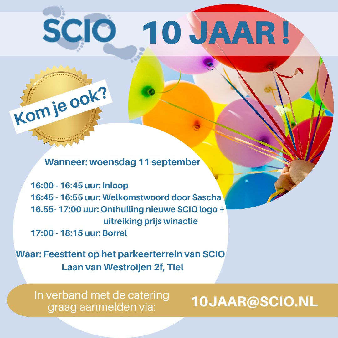 Heb je onze uitnodiging al gezien? 
We bestaan bijna 10 jaar en nodigen je uit voor onze receptie op 11 september om samen te proosten, terug te kijken en vooruit te blikken. Vergeet niet om je aan te melden via een mail naar: 10jaar@scio.nl.