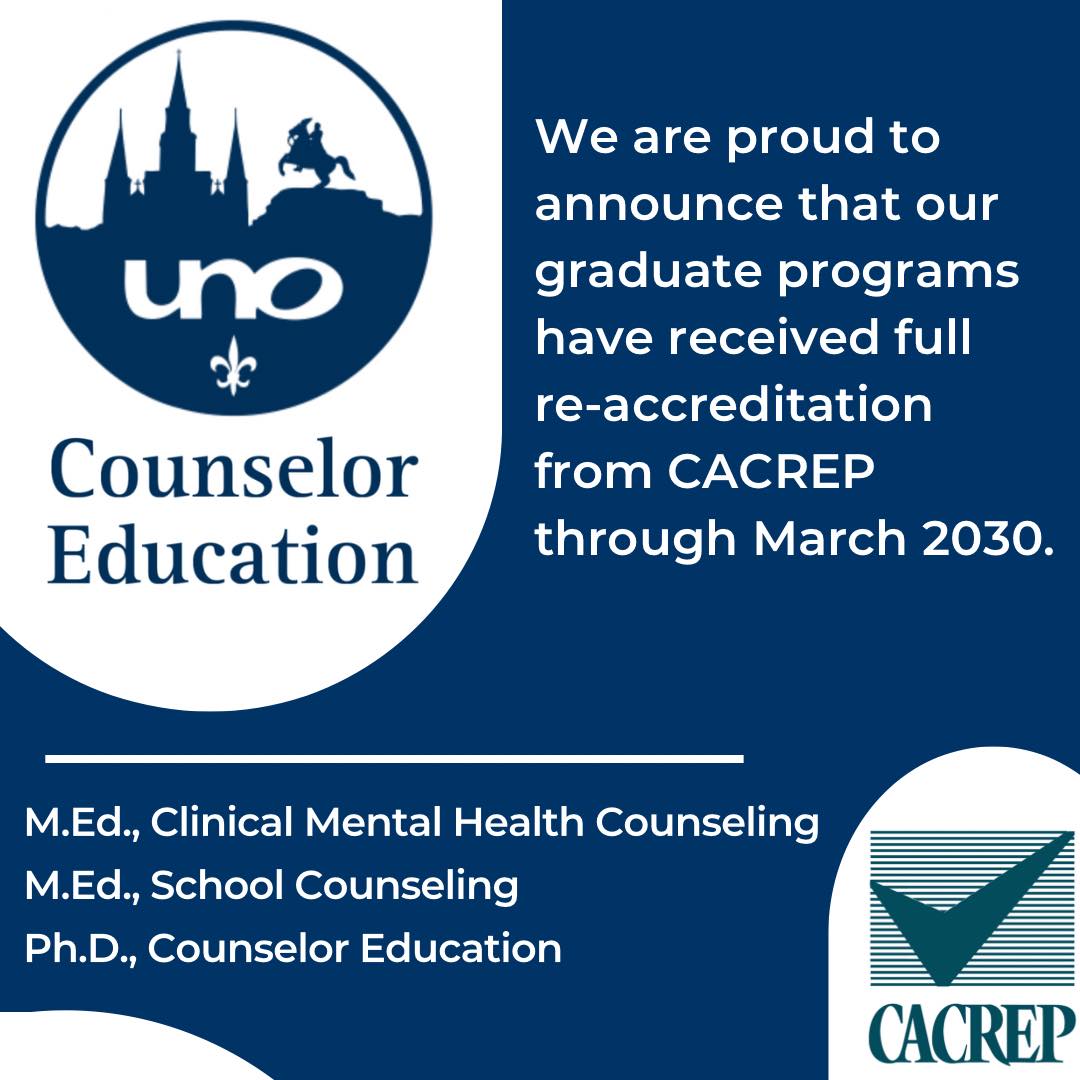 Congratulations to our colleagues in the Counselor Education program for receiving full #CACREP accreditation for all three programs. #nolaed @uofno <a href="/GradSchoolNola/">Grad School - UNO</a> <a href="/JPschools/">Jefferson Parish Schools</a> <a href="/NOLAPSchools/">NOLA Public Schools</a> <a href="/UNO_SoE/">UNO-Education</a>