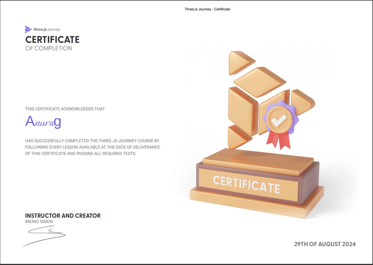 Anurag1934558's tweet image. "Excited to share that I've completed Bruno Simon's course on 3D development! 🥳 Feeling proud to have learned so much. #3DDevelopment #WebGL #CreativeCoding"