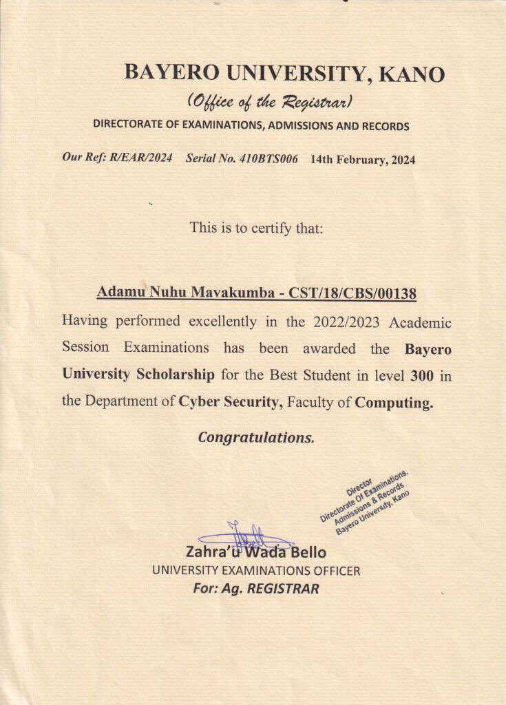 Adamu_Mavakumba's tweet photo. All praise and thanks be to Allah.

🎉Overall Best Graduating Student, Department of Information Technology, BUK
🎉Best Graduating Student in Cybersecurity
🎉 Highest CGPA in 200 and 300 Levels
🎉 President, Cybersecurity Student Association, BUK Chapter https://t.co/Ldm94rMJGY