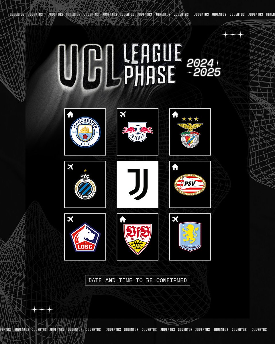 رسمياً قرعة #يوفنتوس في دوري أبطال أوروبا 2024_2025

ايندهوفون 🇳🇱
ليل 🇫🇷
شتوتجارت 🇩🇪
أستون فيلا 🏴󠁧󠁢󠁥󠁮󠁧󠁿
بنفيكا 🇵🇹
كلوب بروج 🇧🇪
لايبزيج 🇩🇪
مانشستر سيتي 🏴󠁧󠁢󠁥󠁮󠁧󠁿

#قرعة_دوري_ابطال_اوروبا
#يوفنتوس
#Juve