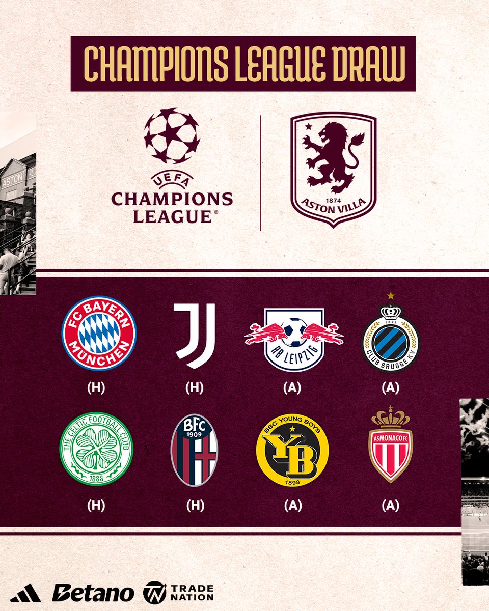 Aston Villa (@avfcofficial) on Twitter photo Back where we belong.
Our <a href="/ChampionsLeague/">UEFA Champions League</a> fixtures are officially set!
#ChampionsLeague || #UpTheVilla Back where we belong.
Our <a href="/ChampionsLeague/">UEFA Champions League</a> fixtures are officially set!
#ChampionsLeague || #UpTheVilla