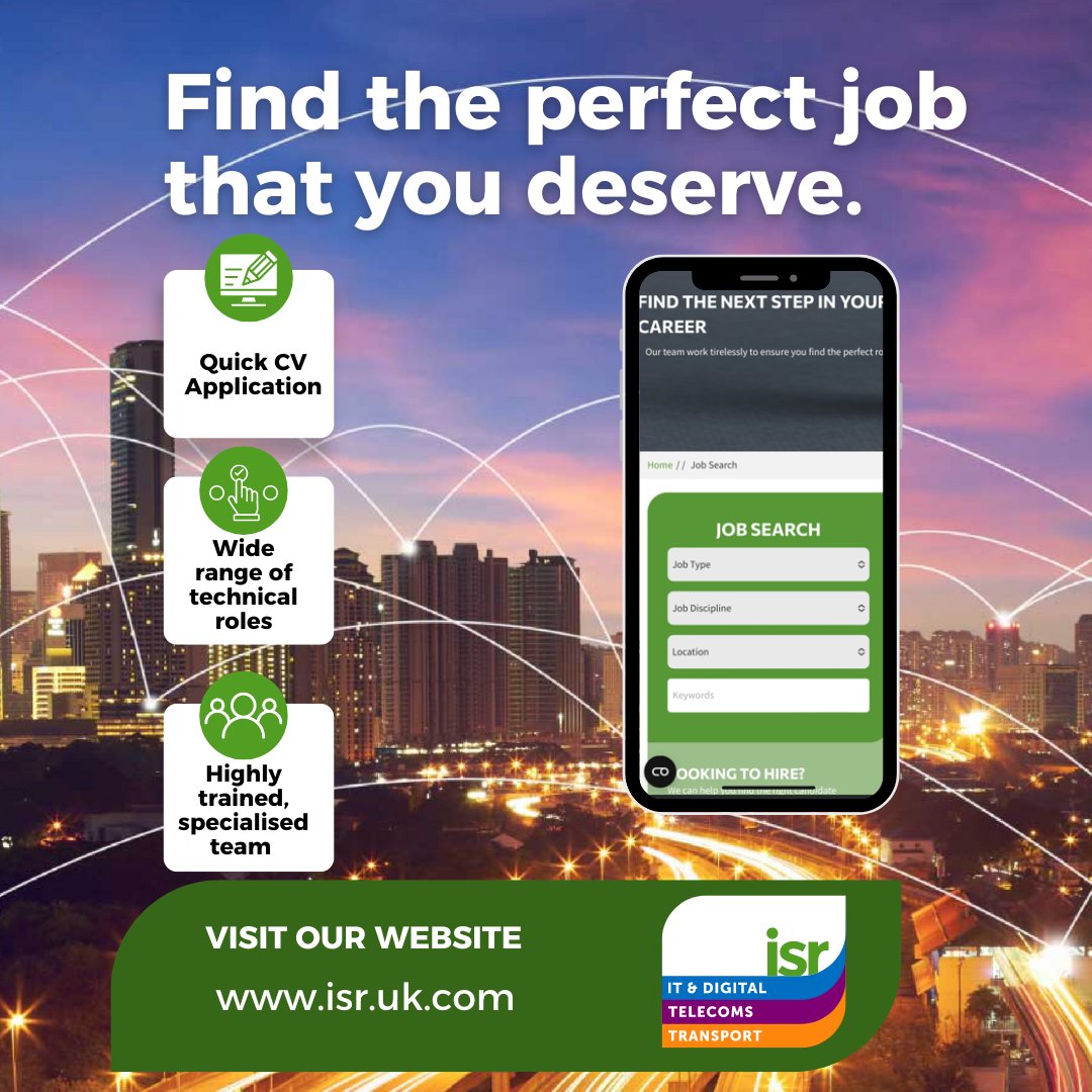 🚀 Are you looking for that next step in your #TechCareer ?

ISR have a wide range of #IT &amp; #DigitalTransformation,  #Telecom and #TransportTechnology roles available.

➡ Visit our live roles and apply now - isr.uk.com/job-search
#HiringNow #TechCareer #TechnologyRecruitment