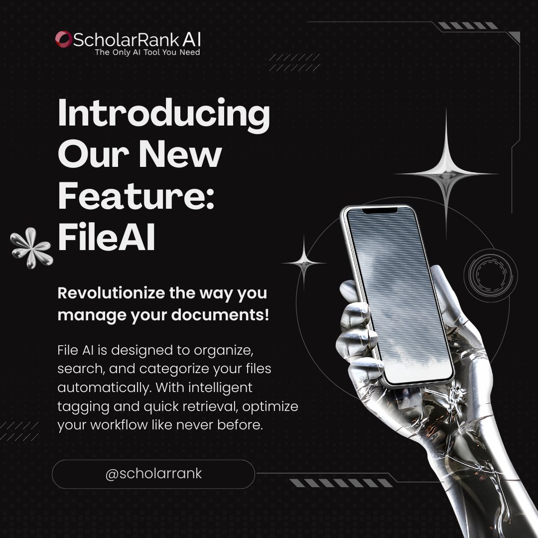 ScholarRankAI's tweet photo. Ready to revolutionize the way you handle your documents? 
Say hello to seamless document management with File AI! 📁
Organize, search, and categorize your files effortlessly, all powered by AI. Whether you're a student or educator, File AI is here to optimize your workflow. https://t.co/75drcZnv5m