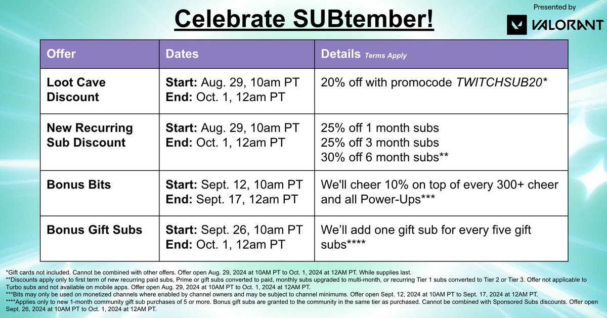 SUBtember savings start now! All month long, get 25% off 1 and 3-month subs, and 30% off 6-months subs. 

See Terms at link.twitch.tv/SUBtemberTerms 

We've added a little cheat sheet below summarizing offers and dates, plus, keep an eye out for a few more SUBtember surprises 👀