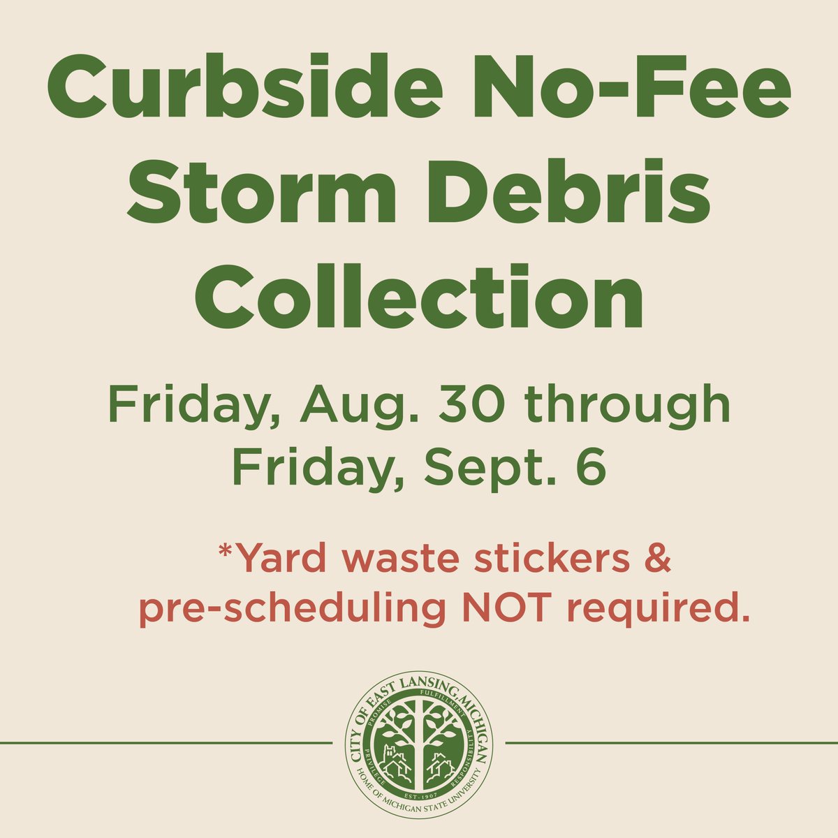 CityofEL's tweet photo. The City will offer a no-fee collection of debris and small branches from Tuesday's storm. **Items should be at the curb no later than 7:30 a.m. on Thursday, Sept. 5 **
Get all the details here: https://t.co/QOUD2pYbbm https://t.co/fP2VvgV9vv