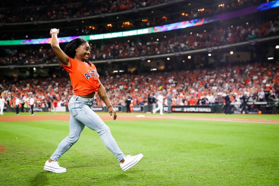 astros's tweet photo. .@Simone_Biles is taking the mound tomorrow at @MinuteMaidPark as she throws out the Ceremonial First Pitch! Several other Olympians will also be in attendance as we honor their achievements from this year's Paris @Olympics . 

Stick around post-game for a special Olympic themed firework show. $7 tickets available!

🎟️: https://t.co/3kFtwlAYvh