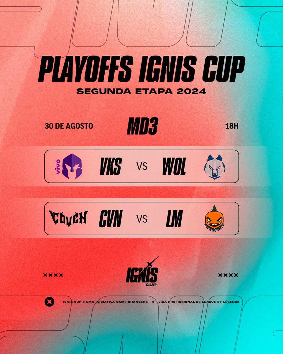 Os Playoffs da #IgnisCup continuam nesta sexta 😎

Bora conhecer mais duas equipes classificadas para as Semifinais da Segunda Etapa

18h - <a href="/VivoKeyd/">Vivo Keyd Stars</a> 🆚 <a href="/Ewolvesgg/">ewolvesgg</a> 
A seguir - <a href="/ggcoven_/">✧ 𝐂𝐎𝐕𝐄𝐍 ✧ #IgnisCup #goCOVEN</a> 🆚 <a href="/LaranjaMecLos/">Laranja Mecânica 🍊⚙️</a> 

📺 youtube.com/cblol | twitch.tv/cblol