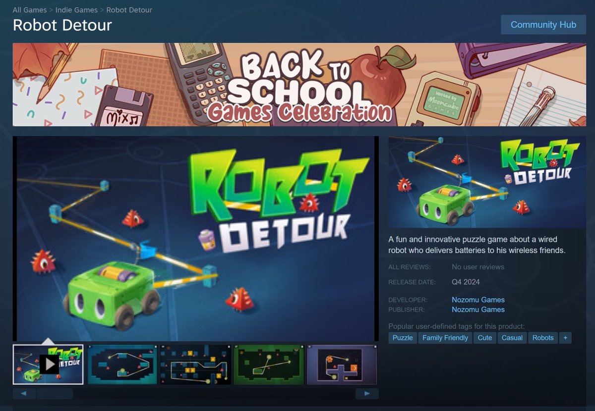Nozomu Games (@nozomugames) on Twitter photo For this latest boost I must thank <a href="/wearemooncube/">Mooncube Games</a> and their Steam event "Back To School". Thank you 💙
If you are up to some addictive and approachable pathfinding puzzle, be sure to also wishlist Robot Detour:
store.steampowered.com/app/2666840/Ro…
It will be our first big release! ⚡️ For this latest boost I must thank <a href="/wearemooncube/">Mooncube Games</a> and their Steam event "Back To School". Thank you 💙
If you are up to some addictive and approachable pathfinding puzzle, be sure to also wishlist Robot Detour:
store.steampowered.com/app/2666840/Ro…
It will be our first big release! ⚡️