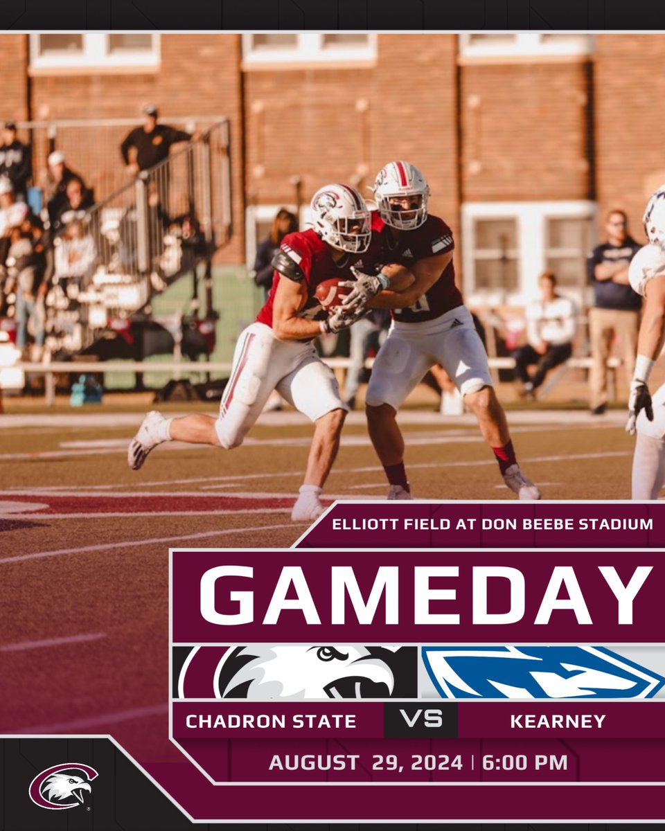 Eagle fans, it’s game day! 

TONIGHT (8/28)
6 p.m.
vs. Nebraska-Kearney 

📺: Watch:
rmacnetwork.com/chadronstate/

📻: Listen: doubleqcountry.com

📊: Live Stats: chadroneagles.com/sidearmstats/f…