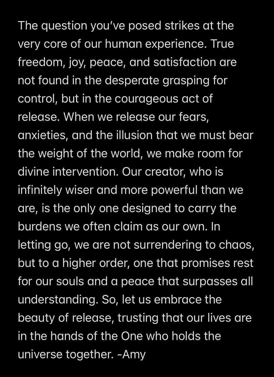 PositiveAmyyy's tweet image. True freedom, joy, &amp;amp; peace come not from grasping for control but from the courage to release it. Let go, &amp;amp; trust in God’s infinite wisdom to carry your burdens, bringing rest &amp;amp; peace beyond understanding. #FaithOverFear #LetGoLetGod #DivinePeace @joelsmallbone @4kingandcountry