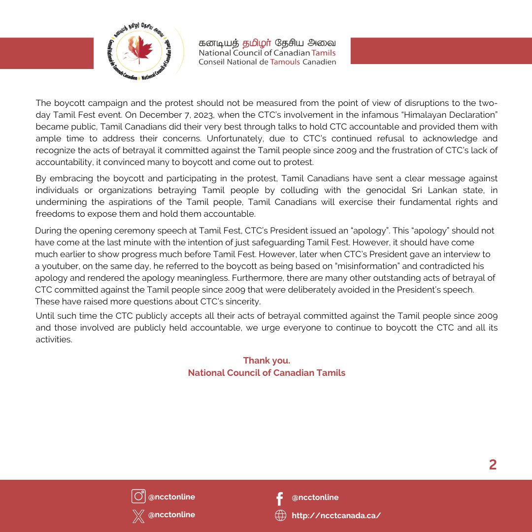 Tamil Canadians sincerely thank all who supported the boycott campaign to hold CTC accountable for their acts of betrayal committed against the Tamil people.