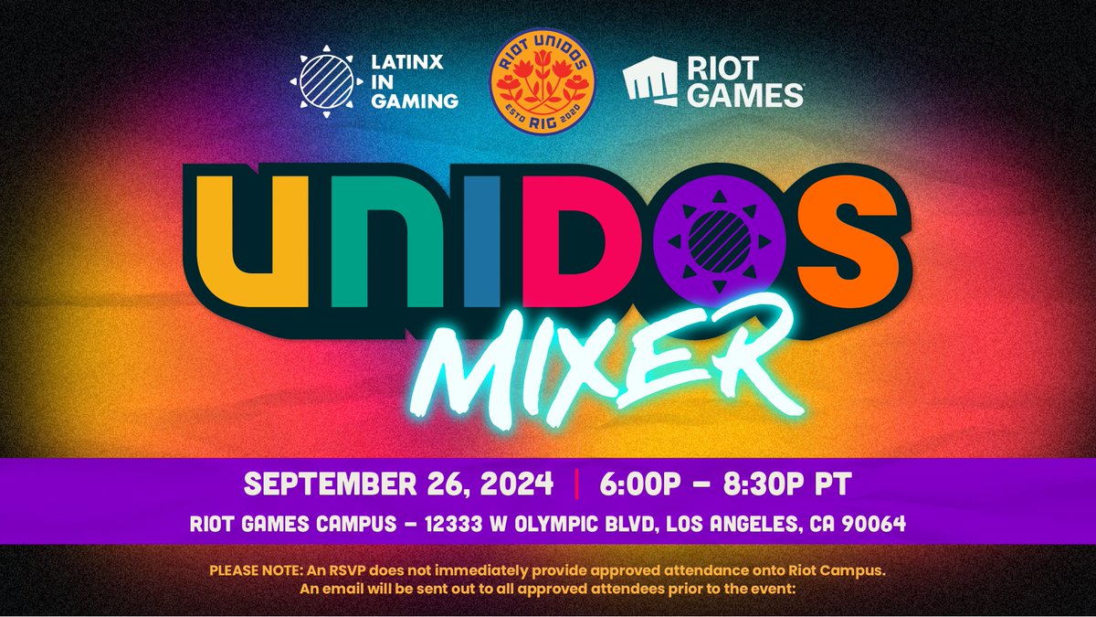 LatinosinGaming's tweet photo. Our UNIDOS Mixer as part of our UNIDOS Hispanic Heritage Month Celebration, Latinx in Gaming is focusing on networking and establishing relationships in the gaming industry! This mixer is in partnership with @riotgames . Hosted by its LatinX-focused ERG, Riot Unidos

RSVP 👇👇 https://t.co/UnyymqWes8