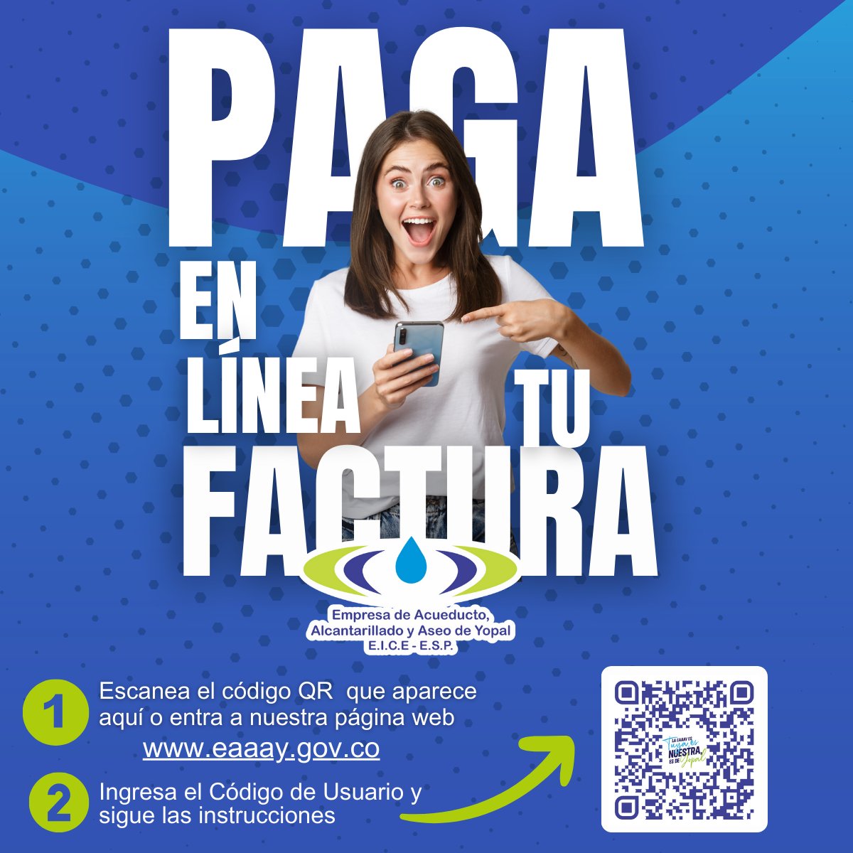 eaaayopal's tweet image. 🚀 ¡Ahora pagar tu factura de la EAAAY es más fácil que nunca! 💧✨
Lo que estabas esperando ya está aquí. Para pagar tu factura, visita nuestra página web: 
 eaaay.gov.co, dirígete a "Pagos en Línea" o simplemente escanea el código QR que aparece en tu factura 📱🔍.