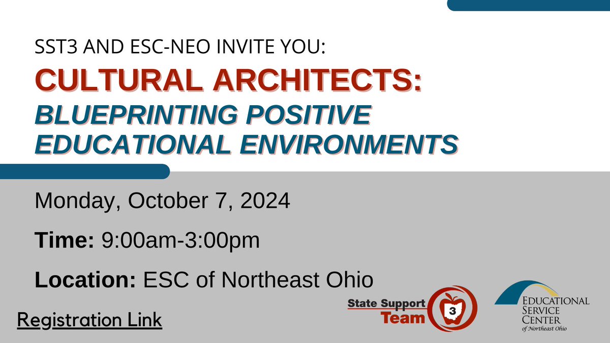 🚀 Transform your school with SST3 and ESC-NEO’s "Cultural Architects" event!
🗓️ Oct 7, 2024 🕒 9-3 PM
📍 ESC of Northeast Ohio
Learn to build strong relationships and boost resilience. Register now: tinyurl.com/CulturalArchit…
#SchoolCulture #SST3 #ESCNEO <a href="/ESCNortheastOH/">ESCNortheastOhio</a> <a href="/ESC_Teach/">ESC of Northeast Ohio Teaching & Learning</a>