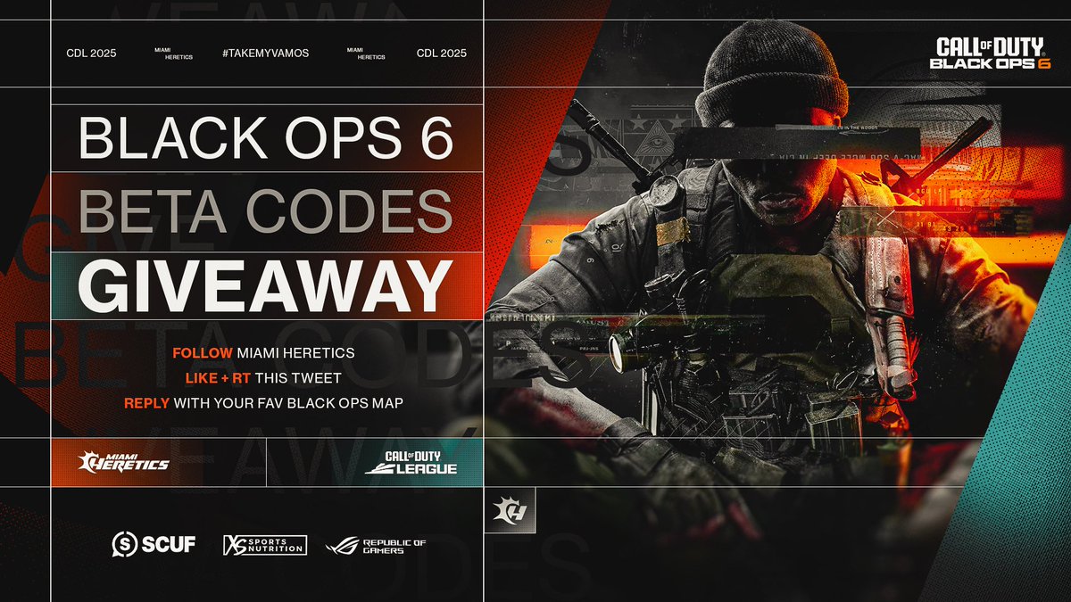 Miami Heretics (@miamiheretics) on Twitter photo BLACK OPS VI IS ALMOST HERE 🎁
We have some beta codes for you. It's as simply as:
🟧 Follow <a href="/MiamiHeretics/">Miami Heretics</a>
🟧 LIKE, RT and REPLY with your favorite BO map
🍀 Winners will be contacted in a few hours! BLACK OPS VI IS ALMOST HERE 🎁
We have some beta codes for you. It's as simply as:
🟧 Follow <a href="/MiamiHeretics/">Miami Heretics</a>
🟧 LIKE, RT and REPLY with your favorite BO map
🍀 Winners will be contacted in a few hours!