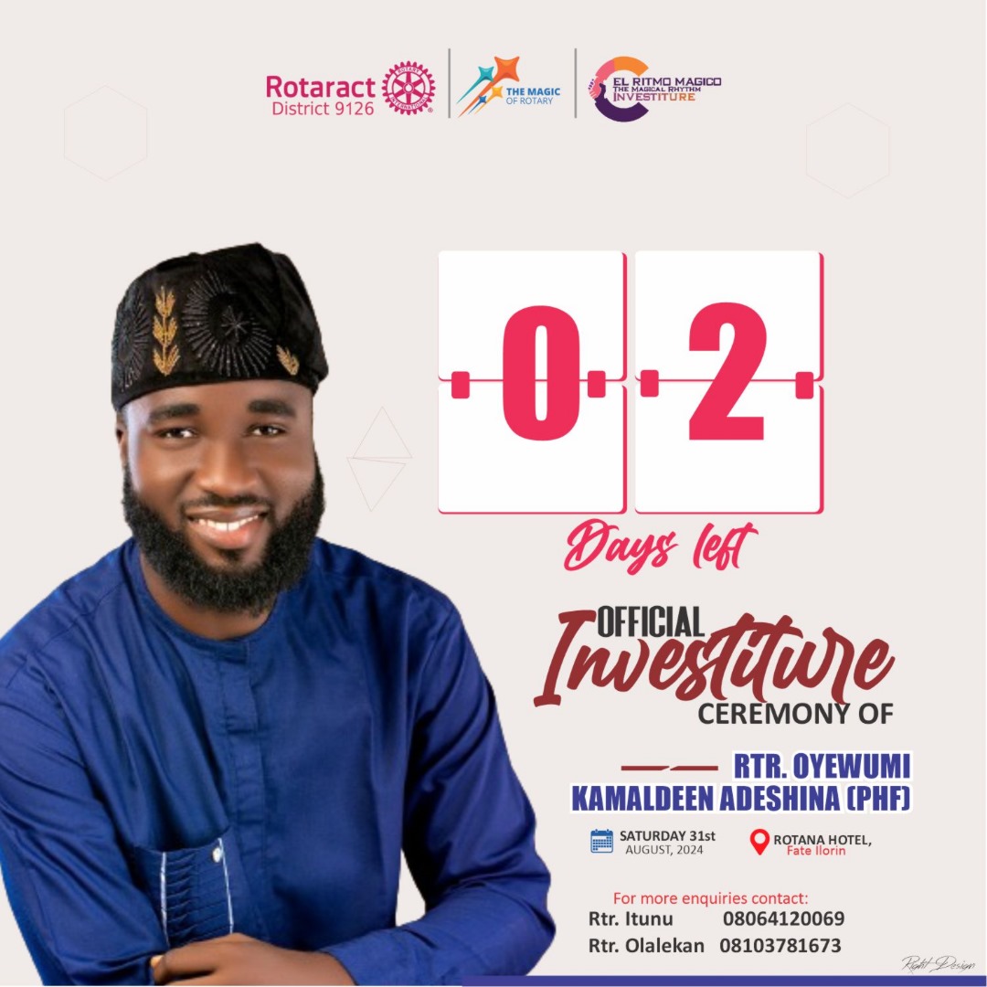 Rotaract9126NG's tweet image. 🌟Countdown Alert: Only 2  Days to Go!🌟

Get Ready for the Biggest Rotaract Event of the Year!🎉

The moment we&apos;ve all been waiting for is almost here! Join us as we celebrate theOfficial Investiture of the Pioneer DRR of Rotaract District 9126