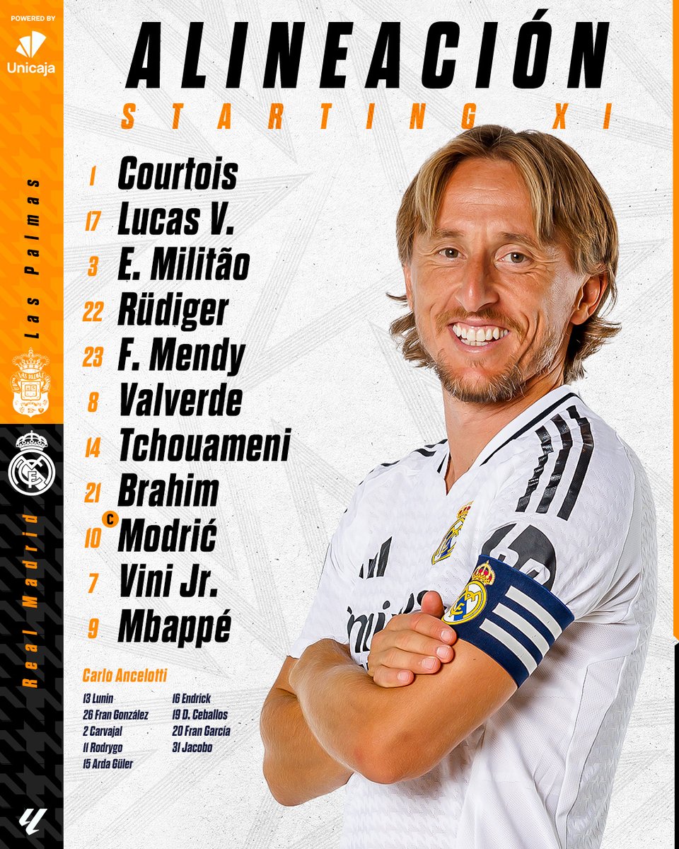 realmadrid's tweet photo. 📋✅ ¡Nuestro XI inicial!
🆚 @UDLP_Oficial 
@UnicajaBanco | #LasPalmasRealMadrid https://t.co/YbZ1aar5KA
