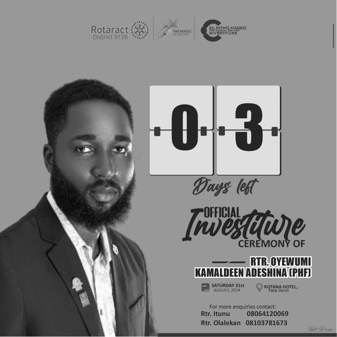 Rotaract9126NG's tweet image. 🌟Countdown Alert: Only 3 Days to Go!🌟

Get Ready for the Biggest Rotaract Event of the Year!🎉

The moment we&apos;ve all been waiting for is almost here! Join us as we celebrate theOfficial Investiture of the Pioneer DRR of Rotaract District 9126